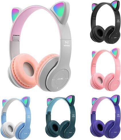 سماعات رأس للأطفال، سماعة أذن Cat Ear LED تضيء بلوتوث 5.0 سماعة ألعاب لاسلكية قابلة للطي للأطفال البالغين، ميكروفون مدمج مريح لإلغاء الضوضاء فوق سماعات الأذن (أرجواني) in Kuwait