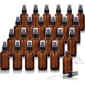 JUVITUS 2 oz / 60 ml Amber Glass Boston Round Bottle with Black Treatment Pump (24 Pack) + Funnel