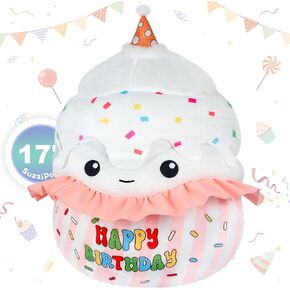 17 inch Happy Birthday Cake Plush Pillows, Squishable Happy Birthday Stuffed Animal, Cute Plushies Cupcake Birthday Plush Room Decor, Cute Plushies Toys Birthday Gifts for Girls Boys Adults