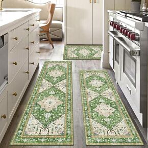 Boho Washable Kitchen Rugs Sets of 3, Non Slip Kitchen Mats for Floor with Rubber Backing, Waterproof & Stain Resistant Carpet Runner Throw Rug for Kitchen, Laundry Room, Hallway, Beige Brown
