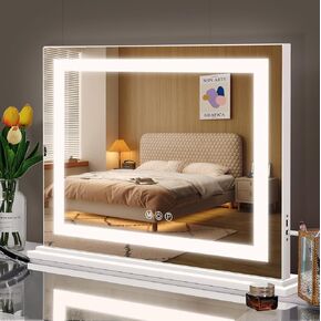 Vanity Mirror with Lights 22.8"x18.1" Hollywood Makeup Mirror 3 Color Dimmable Light Modes Lighted LED Makeup Mirror USB Charging Port and 10X Magnification Makeup Vanity Mirror White