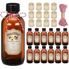 Uiifan 12 Pack Amber Glass Bottle Boston Round Bottles with Caps Brown Vanilla Extract Bottles and 12 Pcs Vanilla Extract Stickers for Syrup Gift Glass Food Storage Canister Set Sauce Beans (16 oz)