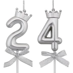 24 42 Birthday Candles, 24th 42nd Cake Candles, Silver Happy Birthday Number 24 42 Candles Cake Topper Decorations for Party Men Women