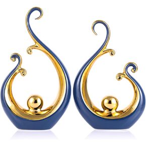 Blue and Gold Home Decor Accent- 2pcs,Modern Abstract Art Ceramic Decor Statue and Sculptures, For Table Decorations, Dining Room Living Room,Office Centerpiece Navy Blue Decor Collections Gifts