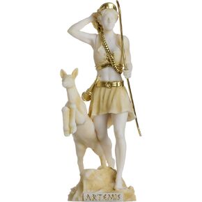 Goddess Artemis Diana Greek Statue Nature Moon Gold Tone Alabaster 6.69"