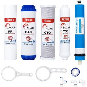 Jacar 5-stage Reverse Osmosis Water Filter Replacement Set with 50 GPD RO Membrane, Under Sink RO Water Filter System Kit Compatible with Most 10" Water Filtration System Universal (SET FILTER 50 GPD)