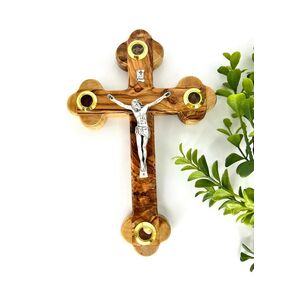 Holy Land Olive Wood Cross For Wall, 9 inch Jesus Crucifix holds Flowers, Incense, Olive Leafe and Stones, Catholic Wooden Cross, House Blessing Gift, Religious Gifts