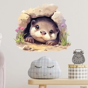 Cute Otter in a Hole with Florets Wall Decal Nursery Animal Wall Sticker Removable Peel and Stick Wall Art Decor for Kid Baby Classroom Preschool Living Room Playroom Bedroom School