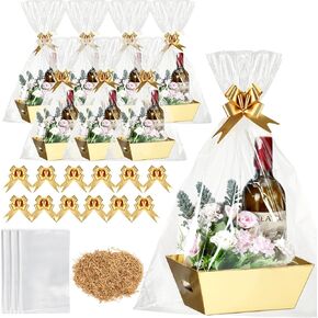 Fulmoon 20 Set Christmas Baskets for Gifts Empty Gift Basket Kit to Fill with 20 Red Pull Bows 20 Clear Basket Bags 2 Bags Raffia Basket Gift Supplies for Christmas Easter Holiday Wedding Birthday