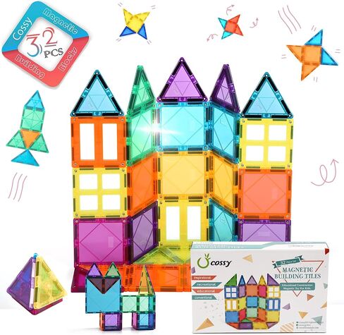cossy 120 Pcs Magnetic Tiles, 3D Magnetic Blocks Set with 2 Cars, STEM Toys in Kuwait