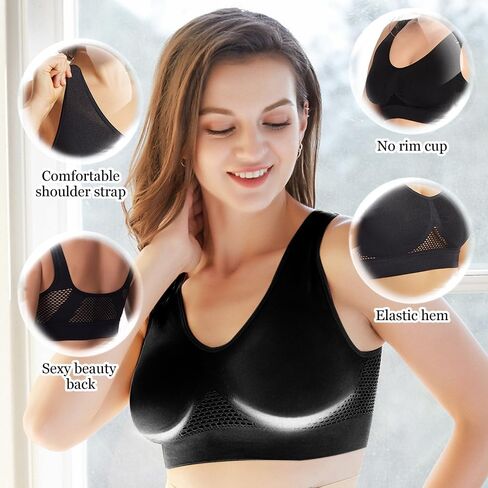 Breathable Cool Liftup Air Bra, Bras for Women, Sports Mesh Cutout Bra, Plus Size Loose Fitting Bra, Suitable for Yoga, Running, Fitness (Black 3XL) in Saudi Arabia