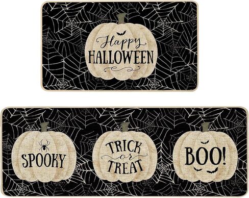 مجموعة سجاد المطبخ الأسود من Baccessor Halloween Pumpkins مكونة من 2، خدعة ماصة غير قابلة للانزلاق أو علاج الحصير لأرضية المطبخ المخيف لعطلة الخريف ديكور حفلات المنزل 17x29 و17x47 بوصة in Kuwait