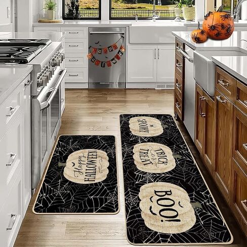 مجموعة سجاد المطبخ الأسود من Baccessor Halloween Pumpkins مكونة من 2، خدعة ماصة غير قابلة للانزلاق أو علاج الحصير لأرضية المطبخ المخيف لعطلة الخريف ديكور حفلات المنزل 17x29 و17x47 بوصة in Kuwait