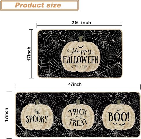 مجموعة سجاد المطبخ الأسود من Baccessor Halloween Pumpkins مكونة من 2، خدعة ماصة غير قابلة للانزلاق أو علاج الحصير لأرضية المطبخ المخيف لعطلة الخريف ديكور حفلات المنزل 17x29 و17x47 بوصة in Kuwait