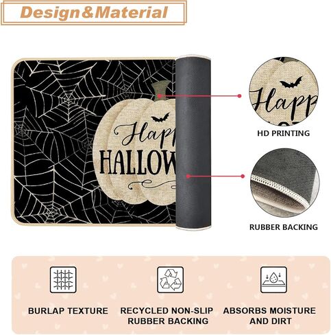مجموعة سجاد المطبخ الأسود من Baccessor Halloween Pumpkins مكونة من 2، خدعة ماصة غير قابلة للانزلاق أو علاج الحصير لأرضية المطبخ المخيف لعطلة الخريف ديكور حفلات المنزل 17x29 و17x47 بوصة in Kuwait