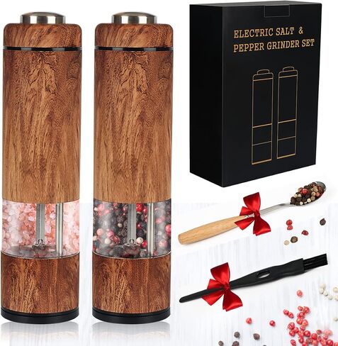 Electric Salt and Pepper Grinder Set, Battery Operated Pepper Grinder with LED Light, One Handed Operation, Adjustable Coarseness, Slat and Pepper Shakers Set Electric (Wood Grain) in Saudi Arabia