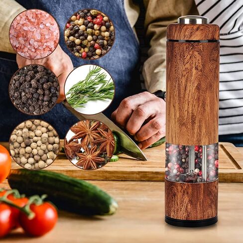 Electric Salt and Pepper Grinder Set, Battery Operated Pepper Grinder with LED Light, One Handed Operation, Adjustable Coarseness, Slat and Pepper Shakers Set Electric (Wood Grain) in Saudi Arabia