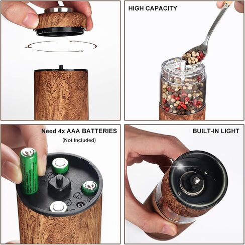 Electric Salt and Pepper Grinder Set, Battery Operated Pepper Grinder with LED Light, One Handed Operation, Adjustable Coarseness, Slat and Pepper Shakers Set Electric (Wood Grain) in Saudi Arabia