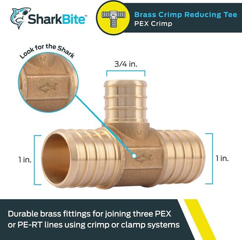 SharkBite 3/4 بوصة × 3/4 بوصة × 1/2 بوصة تي شيرت لتقليل التجعيد، تركيبات سباكة نحاسية، أنبوب PEX، PE-RT، UC412LFA in Saudi Arabia