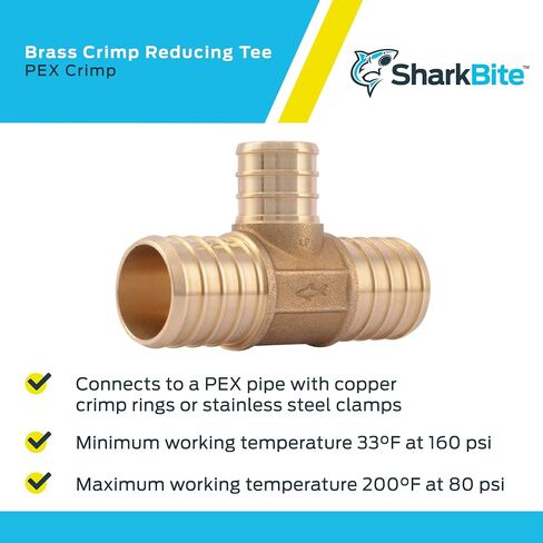 SharkBite 3/4 بوصة × 3/4 بوصة × 1/2 بوصة تي شيرت لتقليل التجعيد، تركيبات سباكة نحاسية، أنبوب PEX، PE-RT، UC412LFA in Saudi Arabia