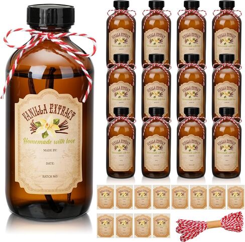 Uiifan 12 Pack Amber Glass Bottle Boston Round Bottles with Caps Brown Vanilla Extract Bottles and 12 Pcs Vanilla Extract Stickers for Syrup Gift Glass Food Storage Canister Set Sauce Beans (16 oz) in Kuwait