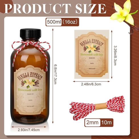 Uiifan 12 Pack Amber Glass Bottle Boston Round Bottles with Caps Brown Vanilla Extract Bottles and 12 Pcs Vanilla Extract Stickers for Syrup Gift Glass Food Storage Canister Set Sauce Beans (16 oz) in Kuwait