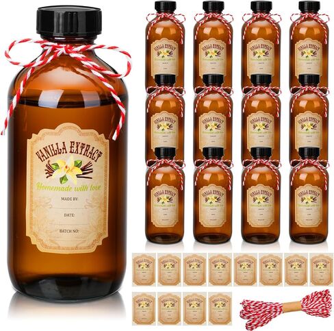Uiifan 12 Pack Amber Glass Bottle Boston Round Bottles with Caps Brown Vanilla Extract Bottles and 12 Pcs Vanilla Extract Stickers for Syrup Gift Glass Food Storage Canister Set Sauce Beans (16 oz) in Kuwait