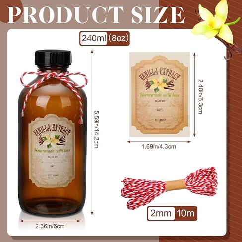 Uiifan 12 Pack Amber Glass Bottle Boston Round Bottles with Caps Brown Vanilla Extract Bottles and 12 Pcs Vanilla Extract Stickers for Syrup Gift Glass Food Storage Canister Set Sauce Beans (16 oz) in Kuwait