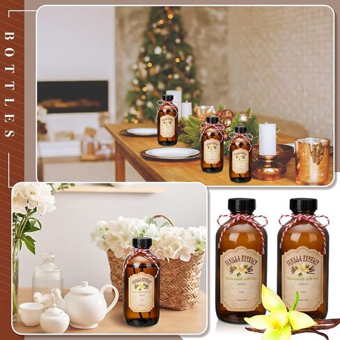 Uiifan 12 Pack Amber Glass Bottle Boston Round Bottles with Caps Brown Vanilla Extract Bottles and 12 Pcs Vanilla Extract Stickers for Syrup Gift Glass Food Storage Canister Set Sauce Beans (16 oz) in Kuwait