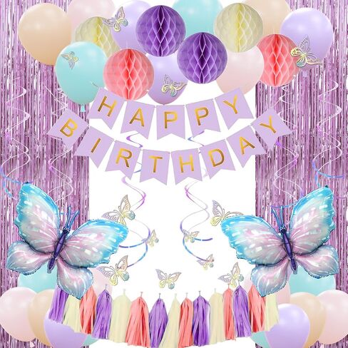 Amandir Purple Birthday Decorations for Women Girl Butterfly Birthday Party Decorations Supplies Pink and Purple Balloons Happy Birthday Circle Dots Banner Butterfly Hanging Swirl Paper Lanterns Pom in Kuwait