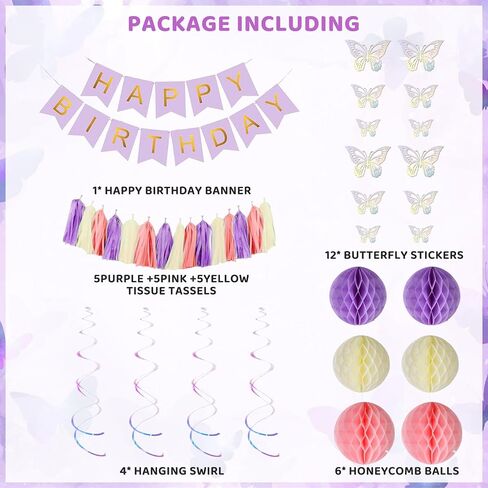 Amandir Purple Birthday Decorations for Women Girl Butterfly Birthday Party Decorations Supplies Pink and Purple Balloons Happy Birthday Circle Dots Banner Butterfly Hanging Swirl Paper Lanterns Pom in Kuwait