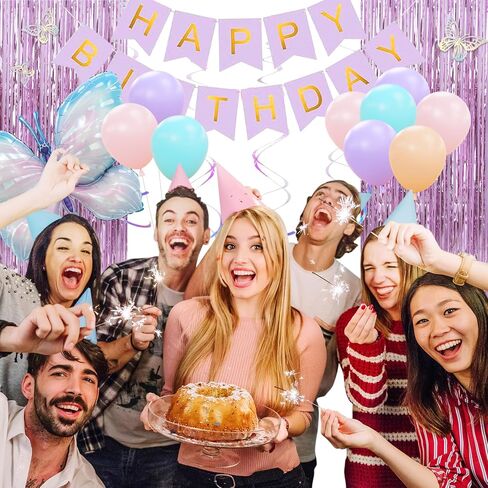 Amandir Purple Birthday Decorations for Women Girl Butterfly Birthday Party Decorations Supplies Pink and Purple Balloons Happy Birthday Circle Dots Banner Butterfly Hanging Swirl Paper Lanterns Pom in Kuwait