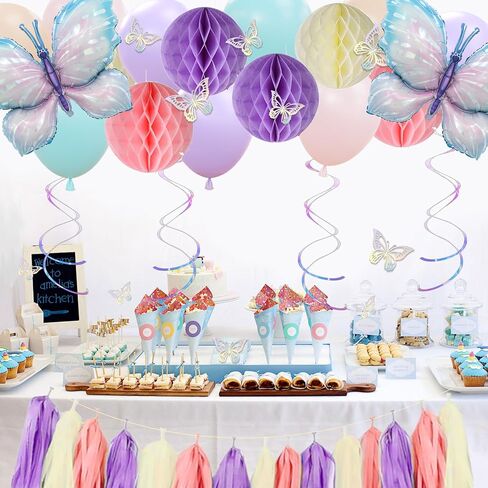 Amandir Purple Birthday Decorations for Women Girl Butterfly Birthday Party Decorations Supplies Pink and Purple Balloons Happy Birthday Circle Dots Banner Butterfly Hanging Swirl Paper Lanterns Pom in Kuwait