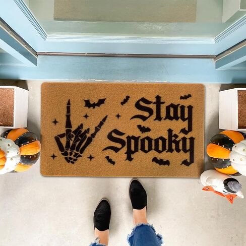 CiyvoLyeen Stay Spooky Doormat Halloween Welcome Indoor and Outdoor Mat Fall Entrance Artificial Coir Rug Spooky Skeleton Sign Gothic Home Decoration Warm House Gift in Saudi Arabia