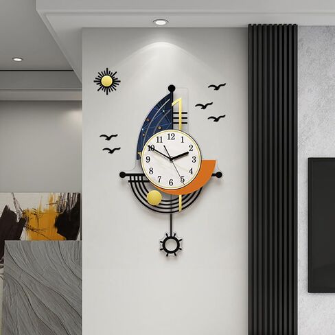 Modern Wall Clock Battery Operated 30 Inch Large Boat Design Pendulum Wall Clocks for Living Room Decor 3D Silent Clock Wall Decor Sticker Non Ticking for Bedroom Office Home Kitchen Decoration in Saudi Arabia