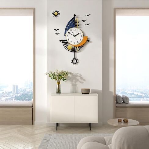 Modern Wall Clock Battery Operated 30 Inch Large Boat Design Pendulum Wall Clocks for Living Room Decor 3D Silent Clock Wall Decor Sticker Non Ticking for Bedroom Office Home Kitchen Decoration in Saudi Arabia