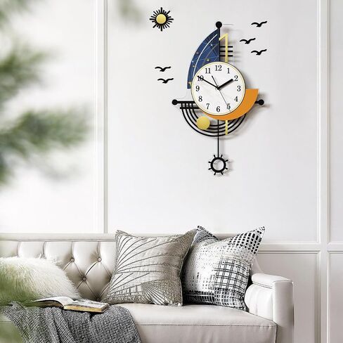 Modern Wall Clock Battery Operated 30 Inch Large Boat Design Pendulum Wall Clocks for Living Room Decor 3D Silent Clock Wall Decor Sticker Non Ticking for Bedroom Office Home Kitchen Decoration in Saudi Arabia