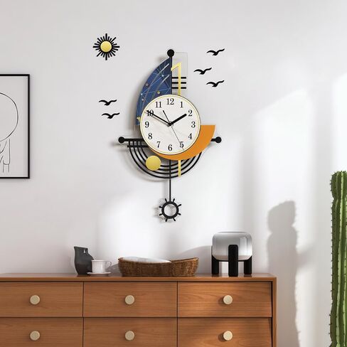 Modern Wall Clock Battery Operated 30 Inch Large Boat Design Pendulum Wall Clocks for Living Room Decor 3D Silent Clock Wall Decor Sticker Non Ticking for Bedroom Office Home Kitchen Decoration in Saudi Arabia