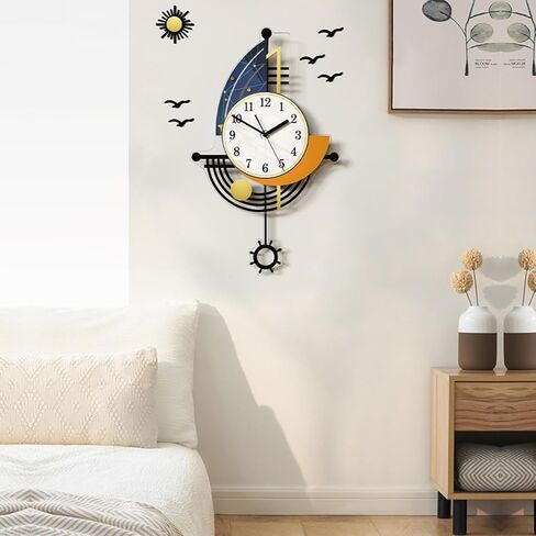 Modern Wall Clock Battery Operated 30 Inch Large Boat Design Pendulum Wall Clocks for Living Room Decor 3D Silent Clock Wall Decor Sticker Non Ticking for Bedroom Office Home Kitchen Decoration in Saudi Arabia