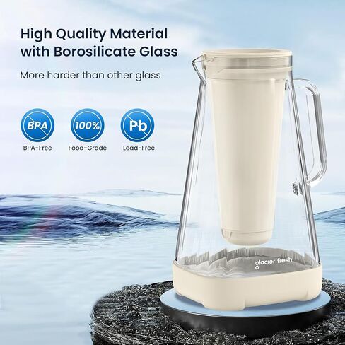 GLACIER FRESH Glass Water Pitcher for Tap and Drinking Water with Membrane and Activated Filter, Reduces Chlorine and Lead Taste, Food Grade and BPA Free Materials, 10-Cup, White in Saudi Arabia