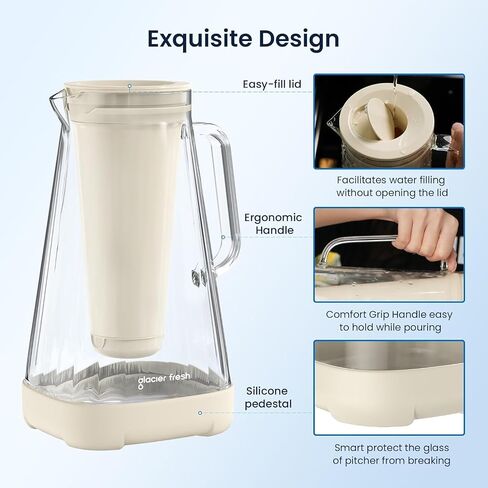 GLACIER FRESH Glass Water Pitcher for Tap and Drinking Water with Membrane and Activated Filter, Reduces Chlorine and Lead Taste, Food Grade and BPA Free Materials, 10-Cup, White in Saudi Arabia