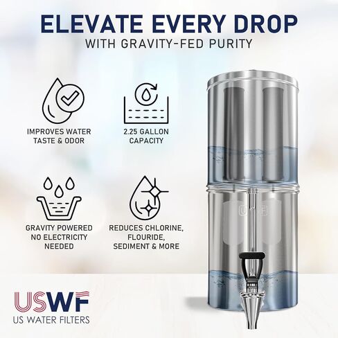 نظام تصفية المياه USWF Gravity Fed - 2.25 جالون من الفولاذ المقاوم للصدأ مع 2 مرشحات كربون، 2 مرشحات فلورايد، نظام ترشيح محمول على سطح الطاولة، حنفية زجاجية معدنية، حامل، معتمد من NSF/ANSI 372 in Kuwait