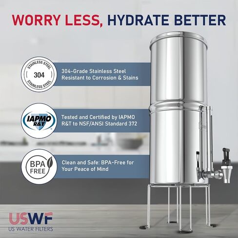 نظام تصفية المياه USWF Gravity Fed - 2.25 جالون من الفولاذ المقاوم للصدأ مع 2 مرشحات كربون، 2 مرشحات فلورايد، نظام ترشيح محمول على سطح الطاولة، حنفية زجاجية معدنية، حامل، معتمد من NSF/ANSI 372 in Kuwait