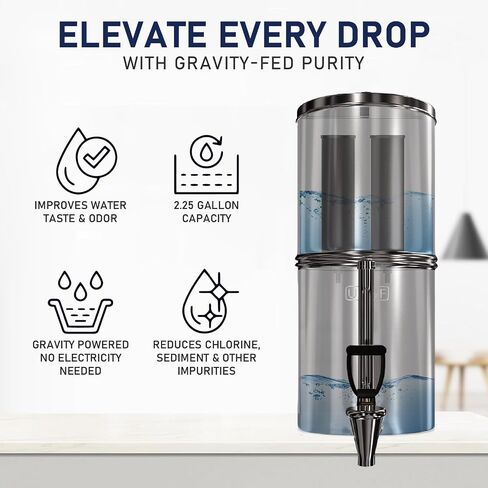 نظام تصفية المياه USWF Gravity Fed - 2.25 جالون من الفولاذ المقاوم للصدأ مع 2 مرشحات كربون، 2 مرشحات فلورايد، نظام ترشيح محمول على سطح الطاولة، حنفية زجاجية معدنية، حامل، معتمد من NSF/ANSI 372 in Kuwait