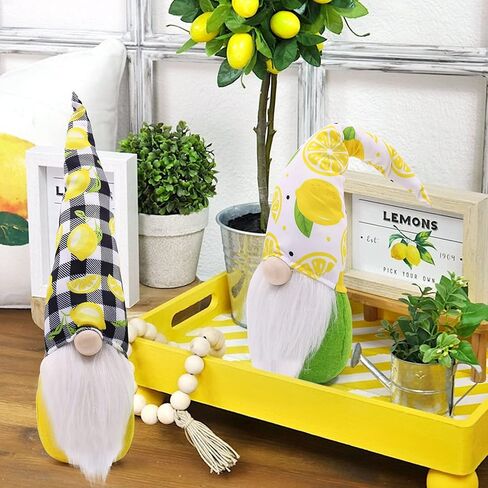 Upltowtme Lemon Gnomes الاسكندنافية Tomte Nisse السويدية الطازجة الليمون قزم المنزل المزرعة ديكور المطبخ الجاموس منقوشة الرف زخارف صينية الطبقات، مجموعة من 2 in Kuwait