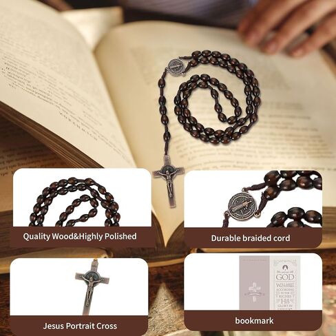12 Sets Wooden Bead Rosary Coffee Necklace Catholic Rosary Wood Carved Beads with Jesus Cross Our Father Organza Bag Pouch Baptism Favors Catholic Gift (brown) in Saudi Arabia