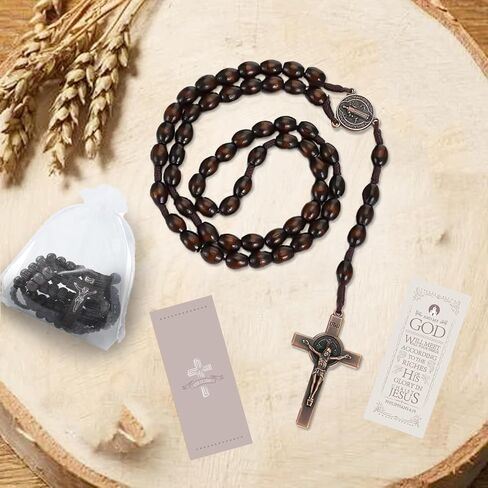 12 Sets Wooden Bead Rosary Coffee Necklace Catholic Rosary Wood Carved Beads with Jesus Cross Our Father Organza Bag Pouch Baptism Favors Catholic Gift (brown) in Saudi Arabia