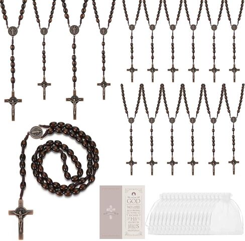 12 Sets Wooden Bead Rosary Coffee Necklace Catholic Rosary Wood Carved Beads with Jesus Cross Our Father Organza Bag Pouch Baptism Favors Catholic Gift (brown) in Saudi Arabia