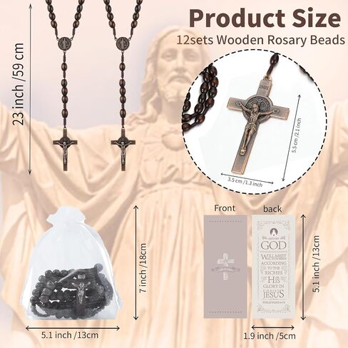 12 Sets Wooden Bead Rosary Coffee Necklace Catholic Rosary Wood Carved Beads with Jesus Cross Our Father Organza Bag Pouch Baptism Favors Catholic Gift (brown) in Saudi Arabia