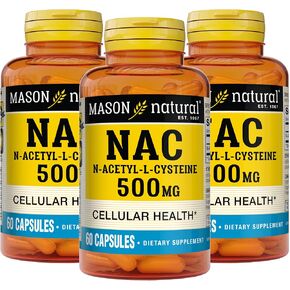MASON NATURAL NAC N-Acetyl L-Cysteine 500 mg - Supports Cellular Health, Immune System Booster, for General Wellness, 60 Capsules (Pack of 3)